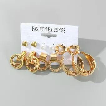 Vintage Gold Design Pearl Stud Earrings ( 6 Pairs )